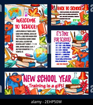 Zurück zur Schule Banner der neuen Schuljahr Feier Vorlage. Schulbedarf Skizzenposter und Grußkartendesign mit Schülerbuch, Bleistift und ru Stock Vektor