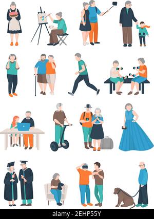 Moderne ältere Menschen Wohnung Satz von isolierten Doodle Stil Menschen Zeichen von verschiedenen älteren Menschen Aktivitäten Vektor-Illustration Stock Vektor