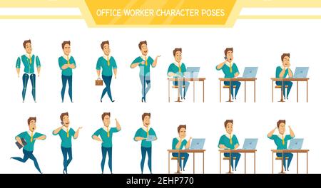 Männliche Büroangestellte Posen sitzen am Computer stehend mit Tablet Mit Kaffee Bremse Cartoon-Figuren setzen Vektor-Illustration Stock Vektor