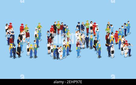 Beruf isometrisches Set mit Gruppen von uniformierten gesichtslosen menschlichen Charakteren Bilden des Wortes Arbeit Vektor Illustration Stock Vektor