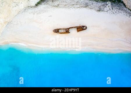 Zakynthos Insel Reise Reisen Strand Urlaub Griechenland Schiffswrack Navagio Copyspace Kopieren Raum Hintergrund Drohne Ansicht Luftbild Sommer Stockfoto