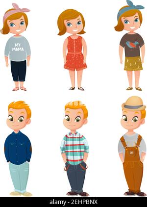 Cartoon Satz von niedlichen Kindern tragen bunte Freizeitkleidung und Zubehör isoliert auf weißem Hintergrund Vektorgrafik Stock Vektor