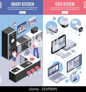 Zweifarbiges isometrisches Smart Home Bannerset mit Smart Kitchen Und cctv-Systembeschreibungen Vektordarstellung Stock Vektor