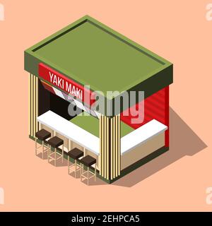 Isometrische kleine leere Yaki Maki Sushi Bar auf rosa Hintergrund 3D Vektorgrafik Stock Vektor