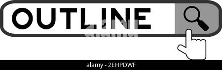 Handsymbol über der Lupe, um Wortumrisse in der Suche zu finden Banner auf weißem Hintergrund Stock Vektor