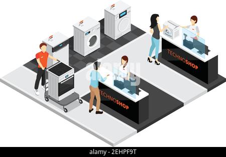 Haushaltsgeräte Shop Design Zusammensetzung mit Küchengeräte isometrische Symbole Vektor-Illustration für Käufer und Verkäufer Stock Vektor