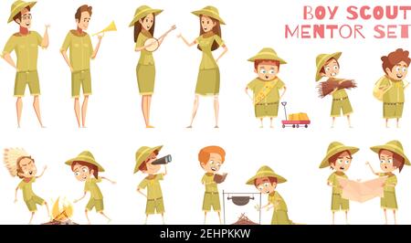 Mentoren führen Pfadfinder Orientierungslauf mit Karte Outdoor-Camp Aktivitäten Retro Cartoon Icons Serie isoliert Vektor Illustration Stock Vektor