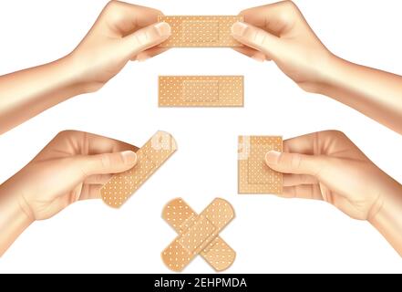 Hände halten beige medizinische Pflaster in verschiedenen Formen realistisch gesetzt Auf hellem Hintergrund isolierte Vektordarstellung Stock Vektor
