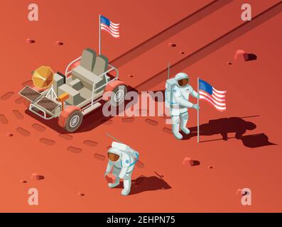 Astronauten Raum Planet Exploration isometrische Zusammensetzung der außerirdischen Landschaft mit rover und zwei Raumfahrer Pflanzen Flagge Vektor illustrr Stock Vektor