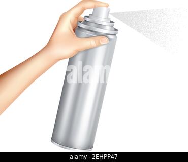 Hand halten und drücken Düse von Aluminium-Aerosoldose Sprühen von Flüssigkeitspartikeln Nebel realistische Vektordarstellung Stock Vektor