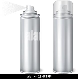 Aluminium Aerosol 2 glänzend realistische Mockup Dosen Vorlagen mit gesetzt Kappe auf und entfernt Sprüh-Vektor-Illustration Stock Vektor