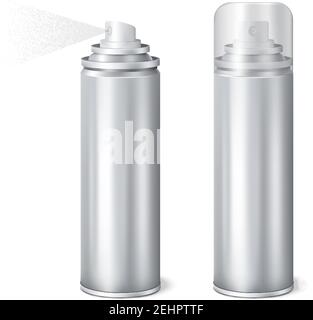 Aluminium Aerosol 2 glänzend realistische Mockup Dosen Vorlagen mit gesetzt Kappe auf und entfernt Sprüh-Vektor-Illustration Stock Vektor