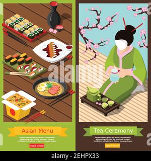 Isometrische vertikale Banner mit abwechslungsreichem Menü in der Sushi-Bar Und Teezeremonie Komposition 3D isolierte Vektor-Illustration Stock Vektor