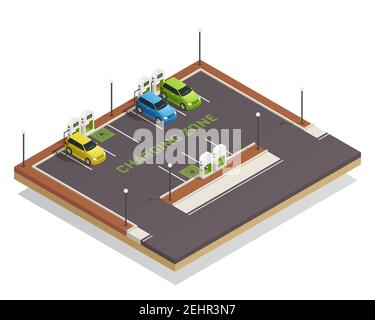 Ökologie basierte Wirtschaft grüne Energie saubere Transport isometrische Zusammensetzung Poster Mit Elektrofahrzeugen Ladestation Vektor-Abbildung Stock Vektor