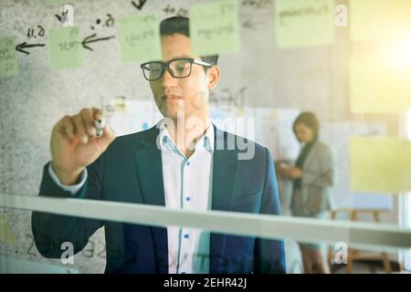 Geschäftsmann schreibt Gedanken an Glaswand Stockfoto