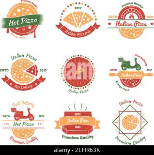 Pizza vintage Embleme Farbset mit neun flachen isolierten Bildern Für Fast-Food-Pizzeria und Lieferung Vektor Illustration Stock Vektor