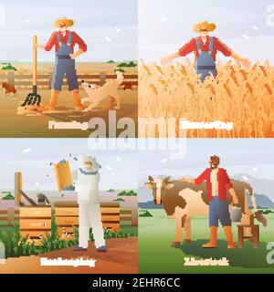 Landwirtschaft flache Kompositionen auf Natur Hintergrund einschließlich Landwirt mit Pitchfork und Vieh, Ernte, Imkerei isoliert Vektor-Illustration Stock Vektor