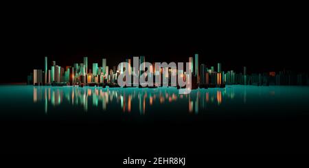 Wolkenkratzer reflektieren Lichter auf dem Wasser in holografischen Neonfarben. Futuristische Gebäude und leuchtende Lichter. 3D Rendering-Illustration Stockfoto