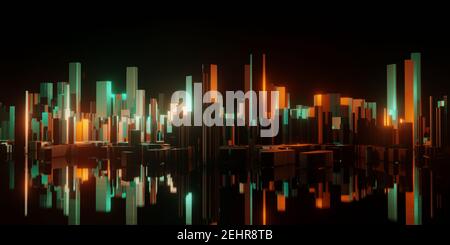 Luftaufnahme von futuristischen Gebäuden und leuchtenden Wolkenkratzern in holografischen Neonfarben. 3D Rendering-Illustration Stockfoto