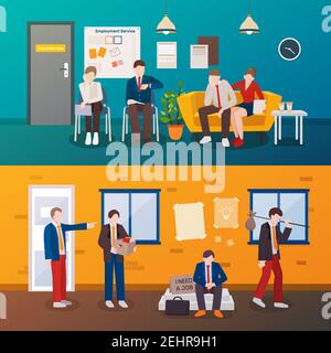 Satz von zwei horizontalen Arbeitslosen flache Kompositionen mit menschlichen Zeichen im Interviewraum und im Freien Vektordarstellung Stock Vektor