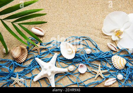 Blaues Fischernetz am Strand Sand, Reise, Urlaubskonzept Stockfoto