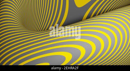 Abstract 3D Wirbel optische Illusion. 3D Rendern der Hintergrunddarstellung. Gelb und grau gestreifte geometrische Form. Stockfoto