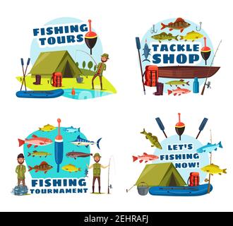 Angeln Sport Tour Vektor-Symbole mit Fischer, Fischfang und Ausrüstung. Fischer mit Köder, Haken und Boote, Angelruten, Köder und Gerät, See Trou Stock Vektor