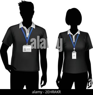 Schwarze Silhouetten von Mitarbeitern Mann Frau mit blau stehen Trageschlaufe id-Karte Ausweise Halter Vektor-Illustration Stock Vektor