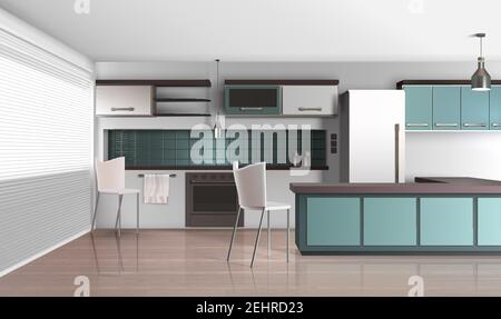 Moderne Küche Interieur realistische Design-Komposition mit jalousien jalousien Laminatboden Kühlschrank und Kochmöglichkeiten Vektor-Illustration Stock Vektor