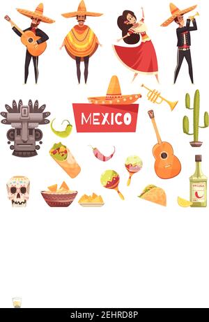 Mexiko dekorative Symbole Set von Kaktus maracas tequila mexikanischen Musikern Mit Gitarren in Poncho und Sombrero flache Vektor-Illustration Stock Vektor