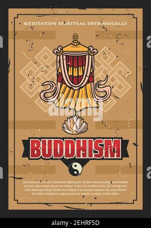Buddhismus Religiöse traditionelle Siegesbanner oder Dhvaja Flagge. Vektor Retro Poster Design von Dharma Zeichen, Yin Yang Symbol und Lotusblume für Zen med Stock Vektor