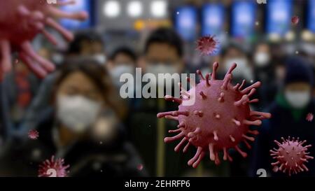 3D Illustration Konzept von covid19 Quarantäne, MERS-Cov. Grippecoronavirus schwimmt über große Menge von Geschäftsleuten mit medizinischer Gesichtsmaske. Luftabfrage Stockfoto