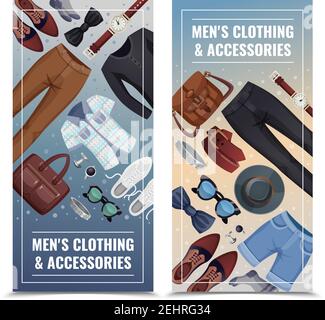 Zwei farbige Männer Accessoires vertikale Banner Set mit Herren Kleidung und Zubehör Beschreibung Vektor Illustration Stock Vektor