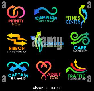 Pfeile und Linien abstrakte Symbole für Unternehmen Design. Vektor gekrümmte Bewegungspfeile Symbole für Infinity-Medien, Fitness-Center oder Lackiererei und Stock Vektor