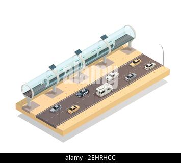Isometrische Zusammensetzung mit Zug bewegt sich in neuen Tunnel in der Nähe der Autobahn Auf weißem Hintergrund 3D Vektorgrafik Stock Vektor