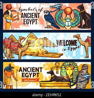 Willkommen bei alten Ägypten Vektor Banner. Pharaonen Statuen und Mumie, Ra gott und Sphinx, große Pyramiden und Kamel, schwarze Katze und Falke, luxor Schatz s Stock Vektor