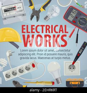 Elektroarbeiten. Vector Zange und Helm, Stecker und Steckdose, Glühbirne und Draht, Schraubendreher und Multimeter. Werkzeuge und Geräte, Arbeit mit Ele Stock Vektor