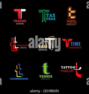 Buchstaben T Symbole Zusammensetzung für Business-Identität, Vektor. T Symbole des Handelsnetzes, steuerfrei Shop oder Reisebüro, Taxi-Transport-Service oder m Stock Vektor