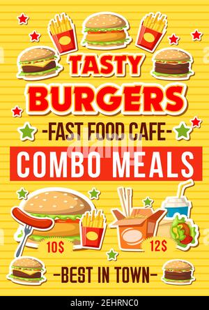 Fast Food Hamburger Restaurant-Menü, Fast Food-Combo-Mahlzeiten und Snacks. Vector Cheeseburger und Burger Sandwich mit Hot Dog Wurst, asiatische Nudeln und Stock Vektor