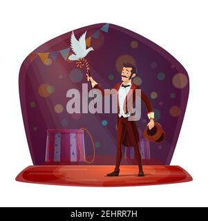 Zauberer zauberte Taube aus magischem Hut. Illusionist mit weißem Taubenvogel auf Chapiteau Zirkusbühne Tricks vorführen. Zaubershow, Fantasie Inv Stock Vektor
