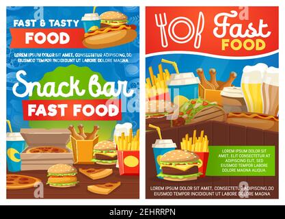 Fast Food und Snack-Bar, Vektor. Burger, Pizza, pommes Frites und Hähnchendrumsticks. Vector Street Food, Limonade oder Kaffee und Bier. Fastfood c Stock Vektor