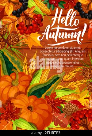 Hallo Herbst Zitat Poster mit Kalligraphie und saisonalen Ernte von Kürbis und Mais mit Beeren. Vector Herbst Urlaub Design von Kieferkegel in Ahorn, Stock Vektor