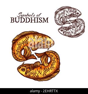 Buddhismus Religion Symbole mit Fisch symbolischen Attribut. Ein Paar goldener Fische oder Karpfen symbolisieren Glück und stellen heilige Flüsse dar. Rel Stock Vektor