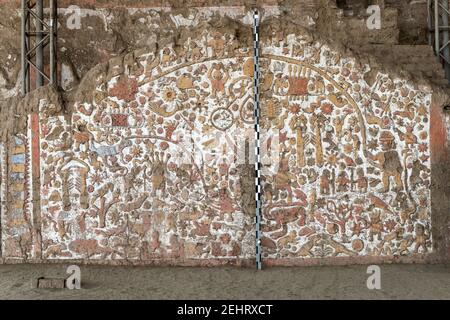 Wandbild der Mythen, Mondtempel, Huaca del Luna, Moche (Mochica), Trujillo, Peru Stockfoto