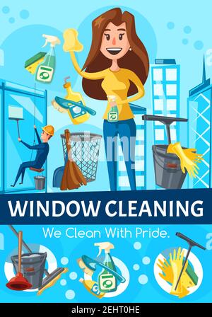 Fensterputzservice. Fensterputzer Waschfenster mit Rakel, Spray und Schwamm, Eimer, Waschmittel und Handschuhe im Bürogebäude, Wolkenkratzer. Stock Vektor