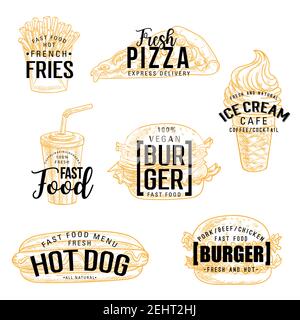 Skizzen zu Fast Food Burger Sandwich, Pizza und pommes frites mit handgezeichneten Schriftzügen. Vector Hamburger, Hot Dog und Soda, Eis, Kartoffelchips und Stock Vektor