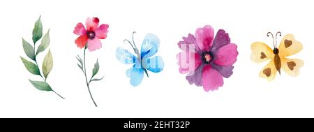 Set mit Blumenmuster. Bunte Blumensammlung mit Blättern und Blumen, Zeichnung Aquarell. Stockfoto