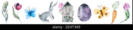 Set mit Blumenmuster. Bunte Blumensammlung mit Blättern und Blumen, Zeichnung Aquarell. Stockfoto