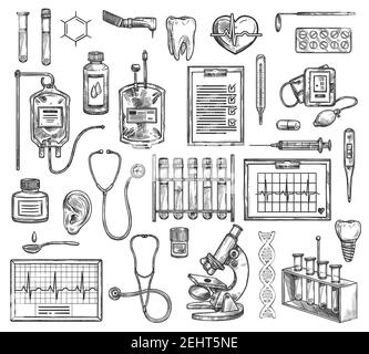 Medizinische Chirurgie, Krankenhaus Therapie Medizin Ausrüstung. Vektor-Skizze der Kardiologie, Kardiogramm, Otolaryngologie Otoskop, Mikroskop und DNA, Bolood con Stock Vektor