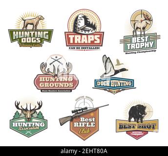 Hunter Club, Jagd offenen Saison und Trainingszentrum Symbole. Vektor isolierte Symbole von Wildtieren wie Elch, Geweih oder Wildschwein Schwein und Ente mit Jäger Rifl Stock Vektor